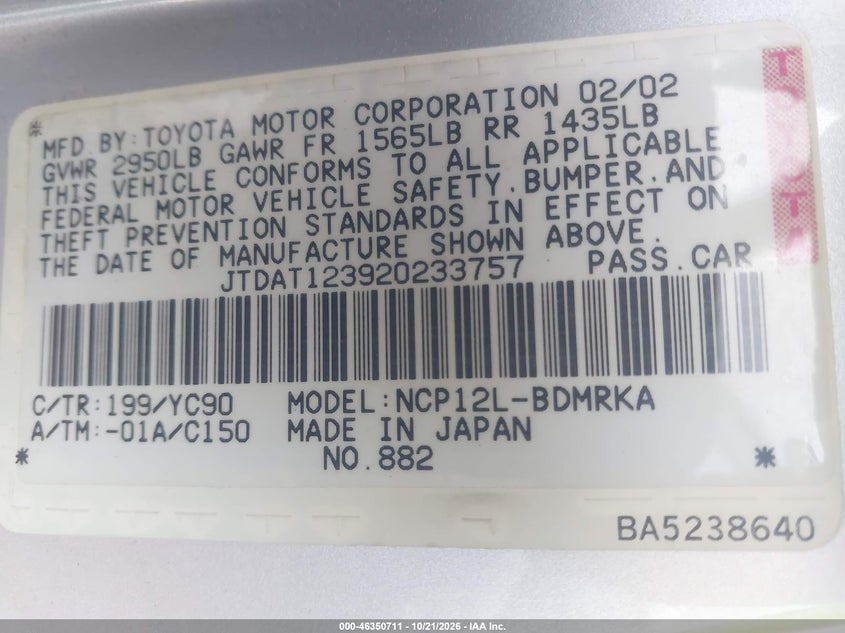 TOYOTA ECHO 2002 VIN JTDAT123920233757