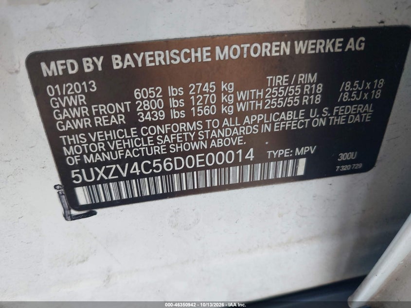 BMW X5 2013 VIN 5UXZV4C56D0E00014