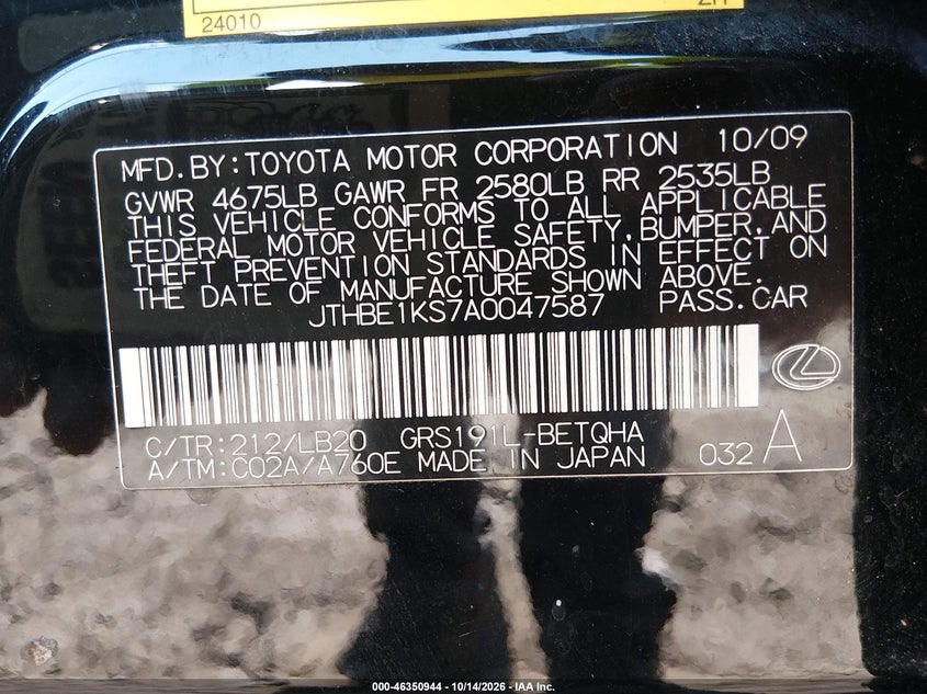 LEXUS GS 350 2010 VIN JTHBE1KS7A0047587