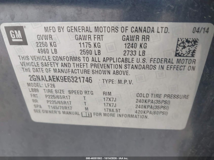 CHEVROLET EQUINOX 2014 VIN 2GNALAEK9E6321746