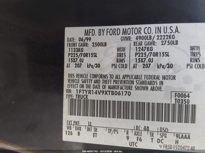 FORD RANGER 1999 VIN 1FTYR14V9XTB06170