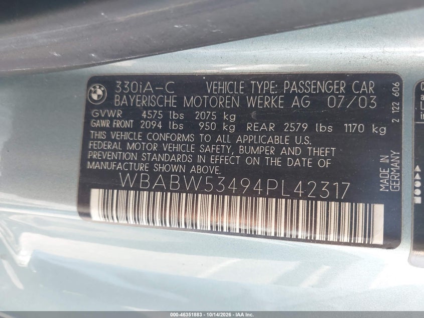 BMW 330CI 2004 VIN WBABW53494PL42317