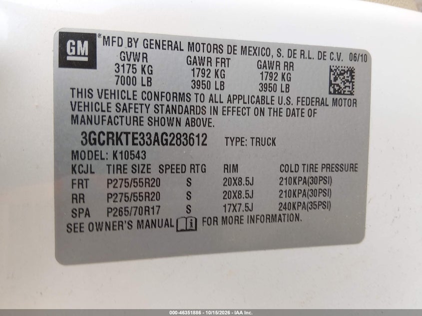 CHEVROLET SILVERADO 1500 2010 VIN 3GCRKTE33AG283612