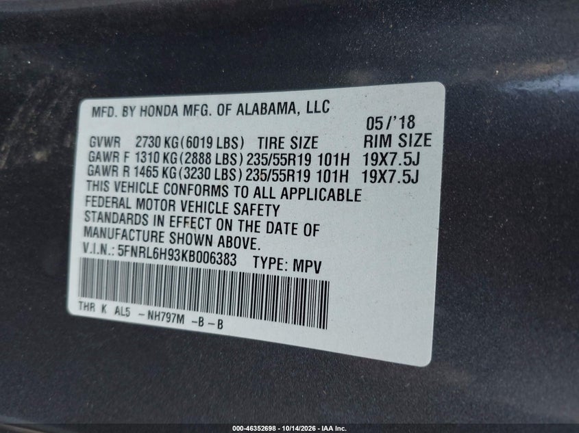 HONDA ODYSSEY 2019 VIN 5FNRL6H93KB006383
