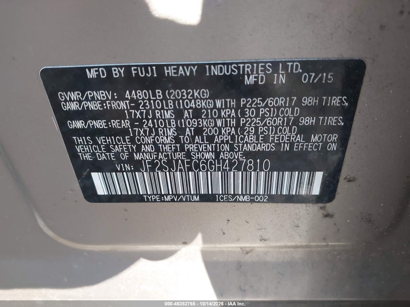 SUBARU FORESTER 2016 VIN JF2SJAFC6GH427810