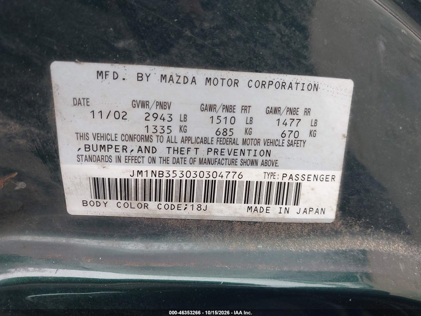 MAZDA MX-5 MIATA 2003 VIN JM1NB353030304776