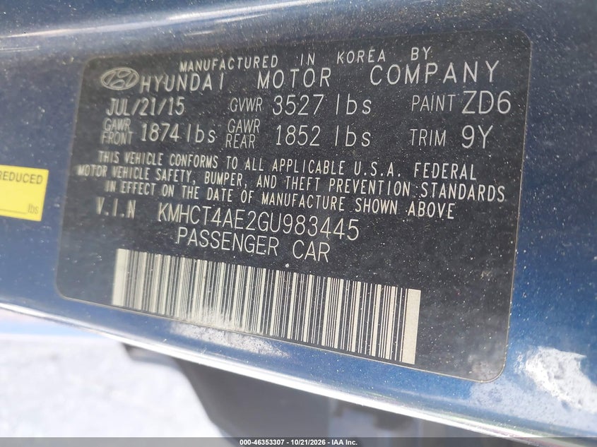 HYUNDAI ACCENT 2016 VIN KMHCT4AE2GU983445