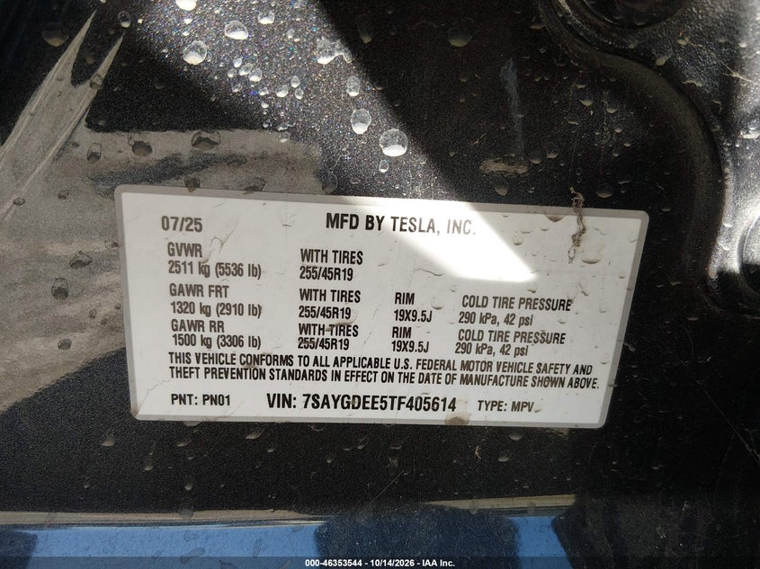 TESLA MODEL Y 2026 VIN 7SAYGDEE5TF405614