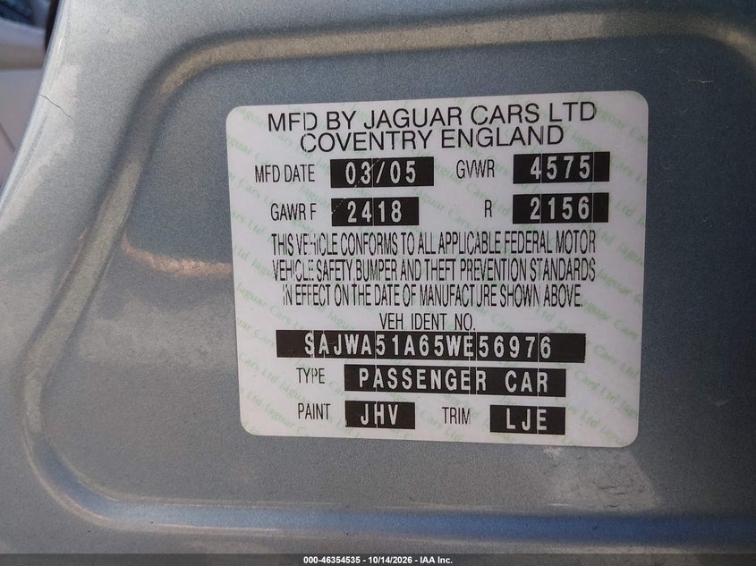 JAGUAR X-TYPE 2005 VIN SAJWA51A65WE56976