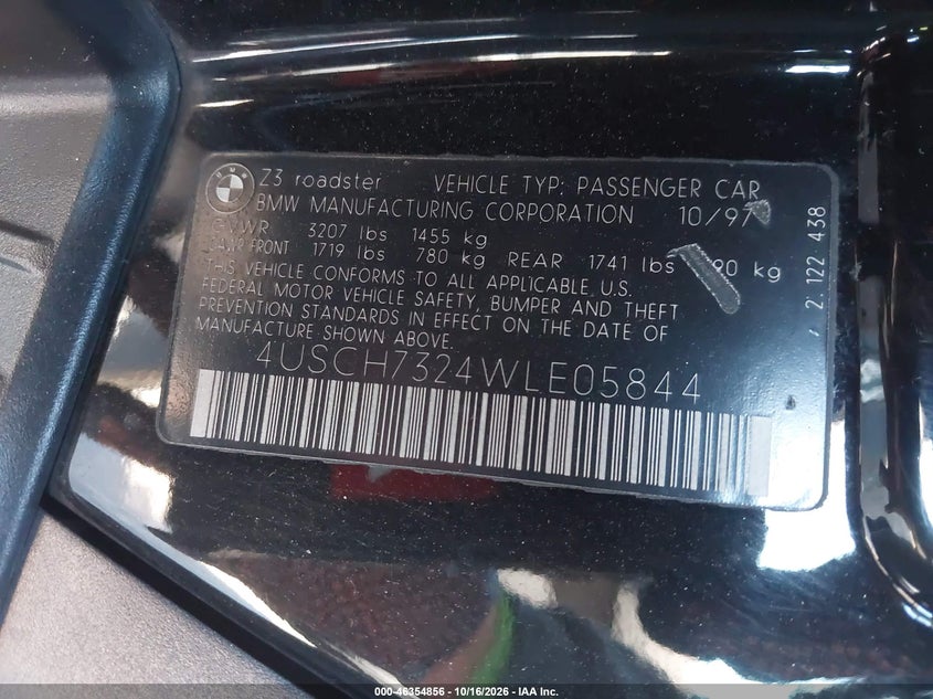 BMW Z3 1998 VIN 4USCH7324WLE05844