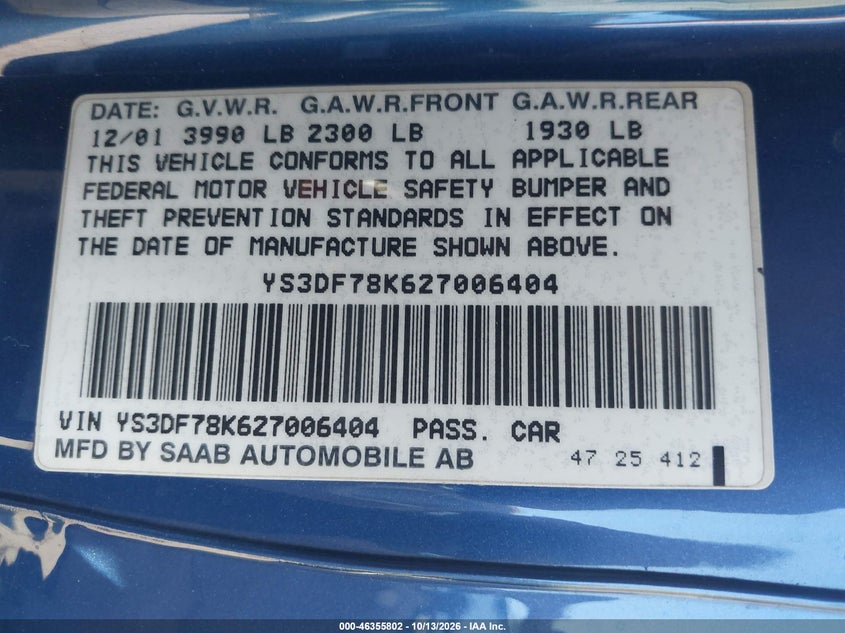 SAAB 9-3 2002 VIN YS3DF78K627006404