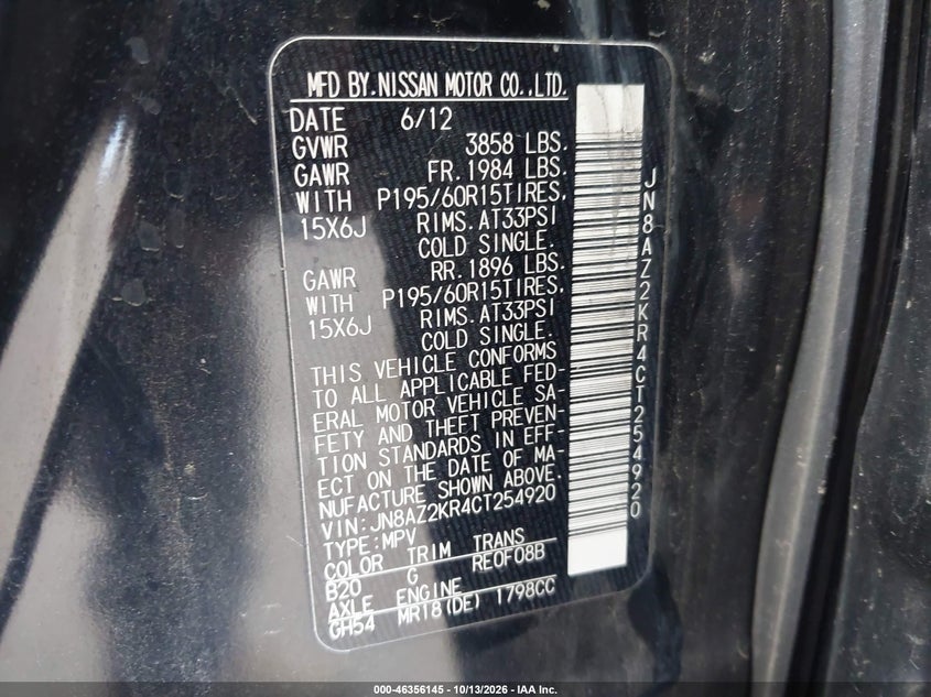 NISSAN CUBE 2012 VIN JN8AZ2KR4CT254920