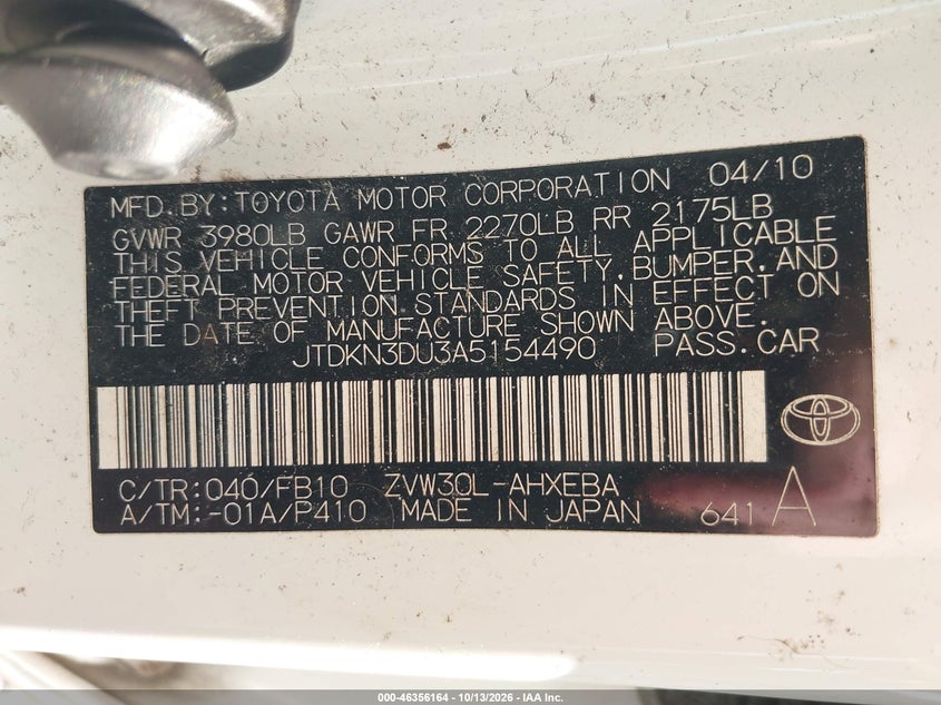 TOYOTA PRIUS 2010 VIN JTDKN3DU3A5154490