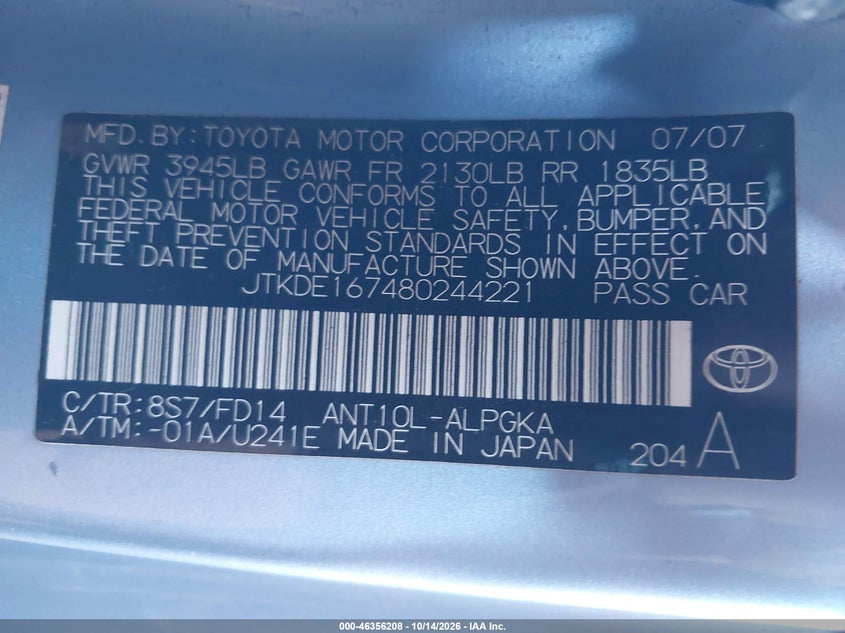 SCION TC 2008 VIN JTKDE167480244221