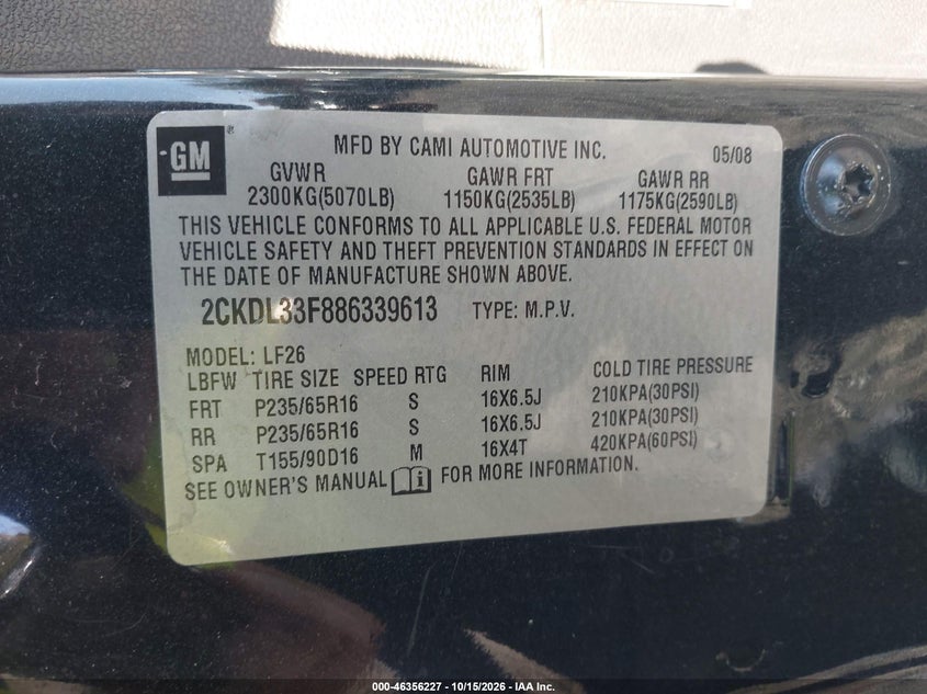 PONTIAC TORRENT 2008 VIN 2CKDL33F886339613