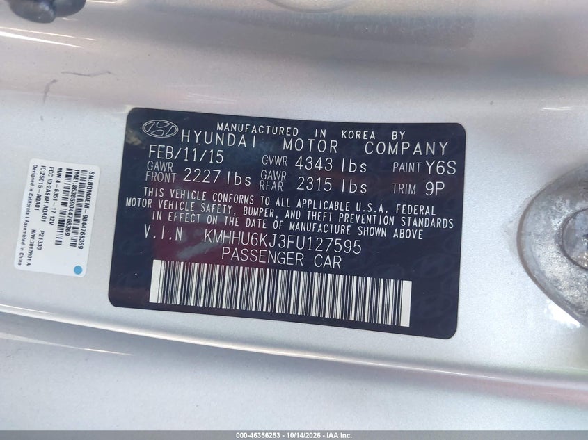HYUNDAI GENESIS 2015 VIN KMHHU6KJ3FU127595