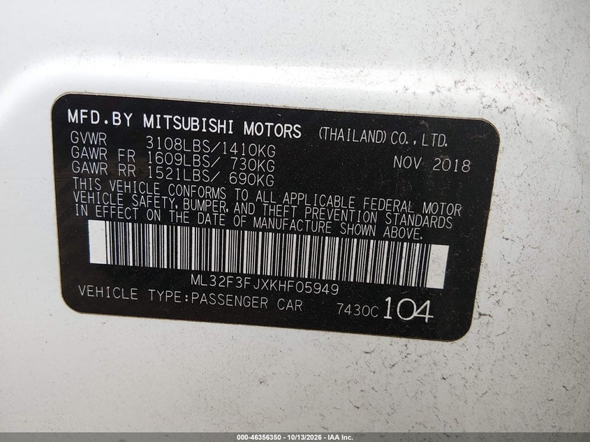 MITSUBISHI MIRAGE G4 2019 VIN ML32F3FJXKHF05949
