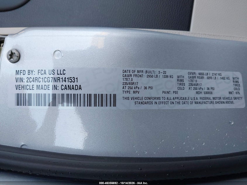 CHRYSLER VOYAGER 2022 VIN 2C4RC1CG7NR141531