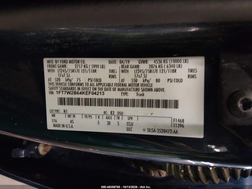 FORD F-250 2019 VIN 1FT7W2B64KEF04213