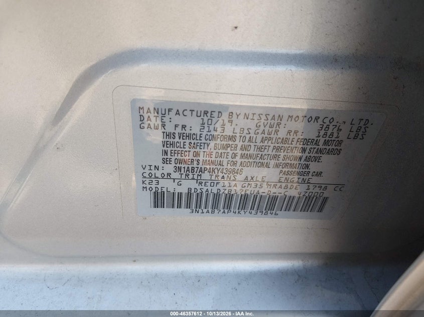 NISSAN SENTRA 2019 VIN 3N1AB7AP4KY439846