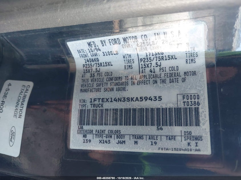 FORD F150 1995 VIN 1FTEX14N3SKA59435