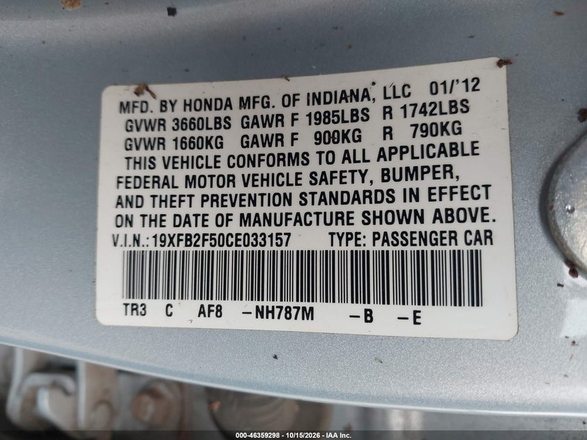 HONDA CIVIC 2012 VIN 19XFB2F50CE033157