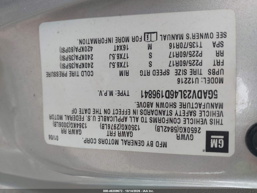 BUICK TERRAZA 2006 VIN 5GADV23L46D196841