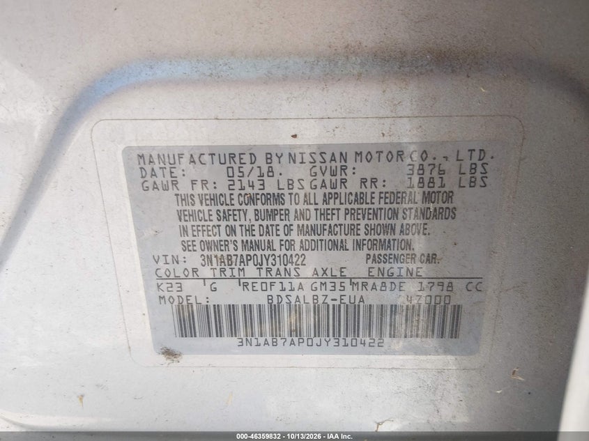 NISSAN SENTRA 2018 VIN 3N1AB7AP0JY310422