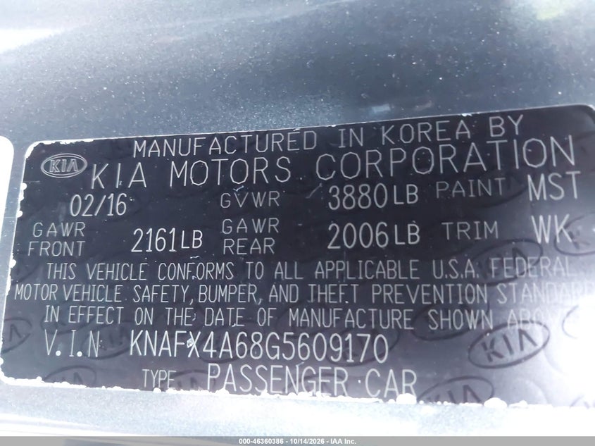 KIA FORTE 2016 VIN KNAFX4A68G5609170