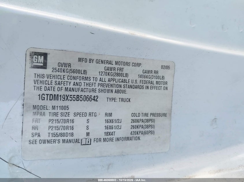 GMC SAFARI 2005 VIN 1GTDM19X55B506642