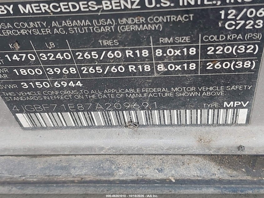 MERCEDES-BENZ GL 450 2007 VIN 4JGBF71E87A209691