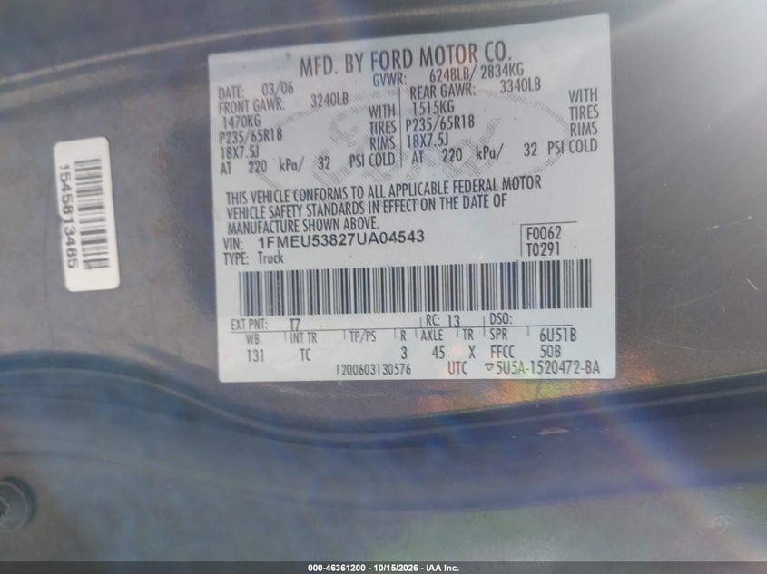 FORD EXPLORER SPORT TRAC 2007 VIN 1FMEU53827UA04543