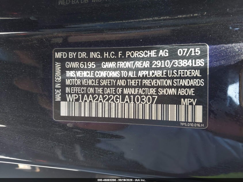 PORSCHE CAYENNE 2016 VIN WP1AA2A22GLA10307