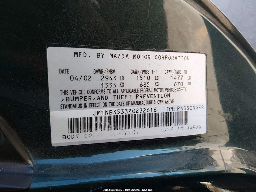 MAZDA MX-5 MIATA 2002 VIN JM1NB353320232616
