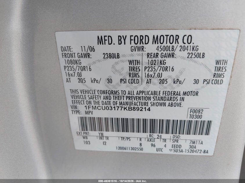 FORD ESCAPE 2007 VIN 1FMCU03177KB89214