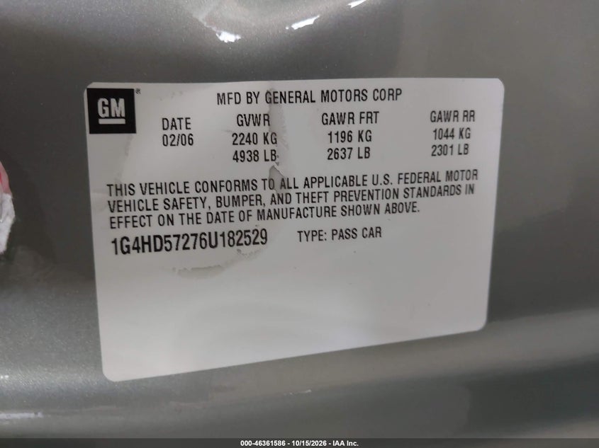 BUICK LUCERNE 2006 VIN 1G4HD57276U182529