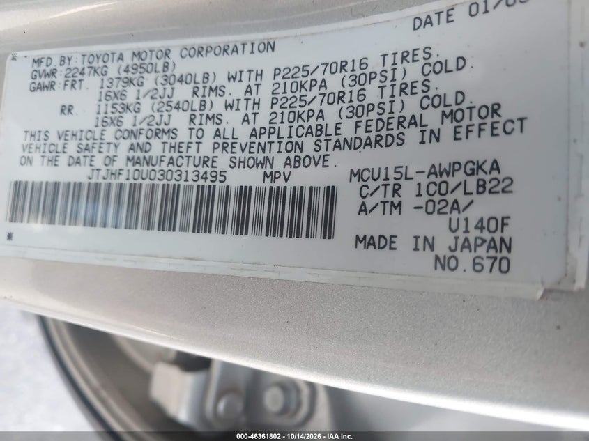 LEXUS RX 300 2003 VIN JTJHF10U030313495