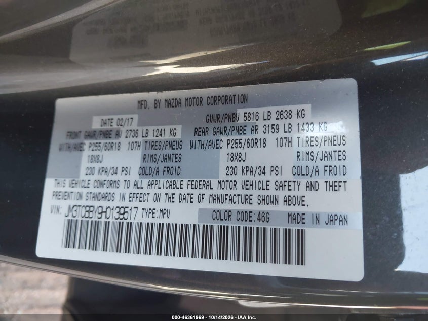 MAZDA CX-9 2017 VIN JM3TCBBY9H0139517