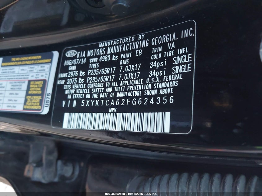 KIA SORENTO 2015 VIN 5XYKTCA62FG624356