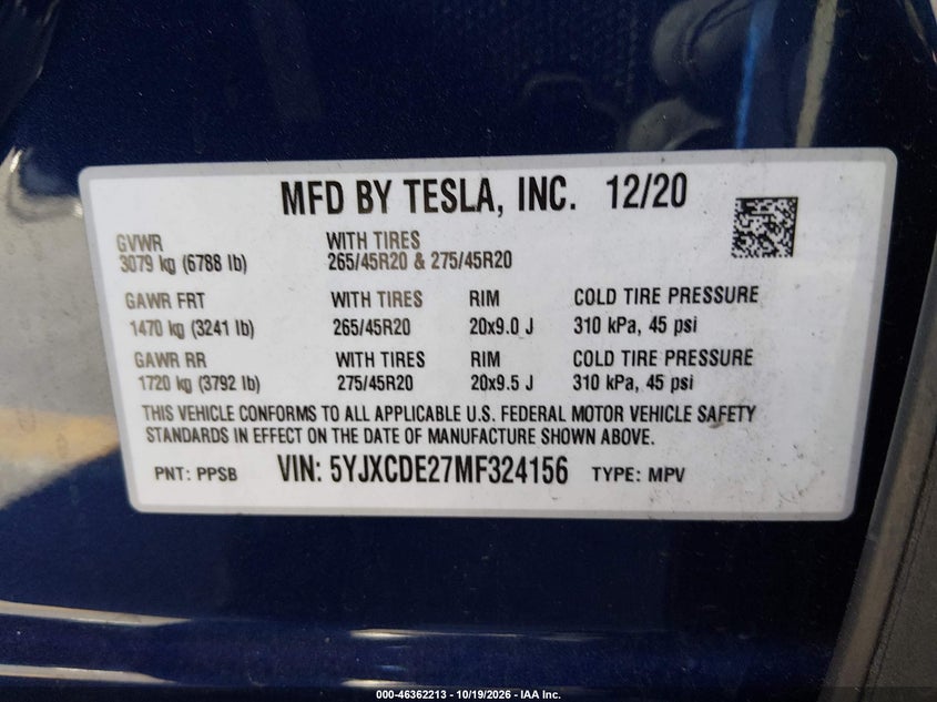 TESLA MODEL X 2021 VIN 5YJXCDE27MF324156