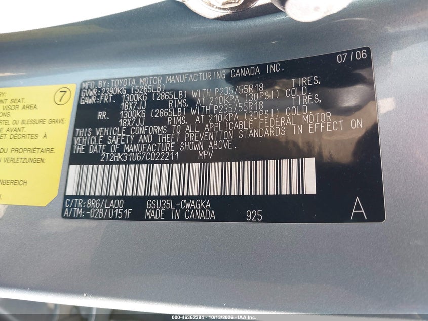 LEXUS RX 350 2007 VIN 2T2HK31U67C022211