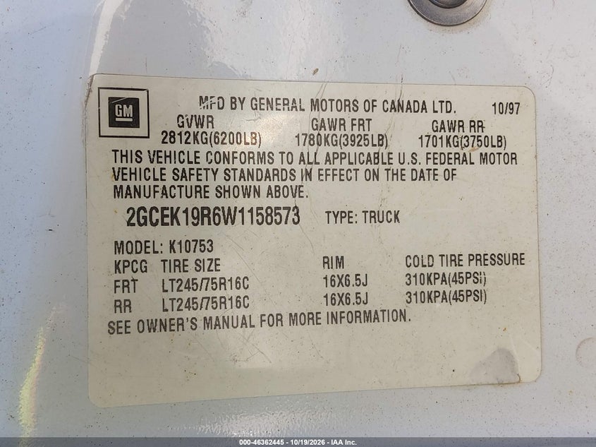 CHEVROLET K1500 1998 VIN 2GCEK19R6W1158573