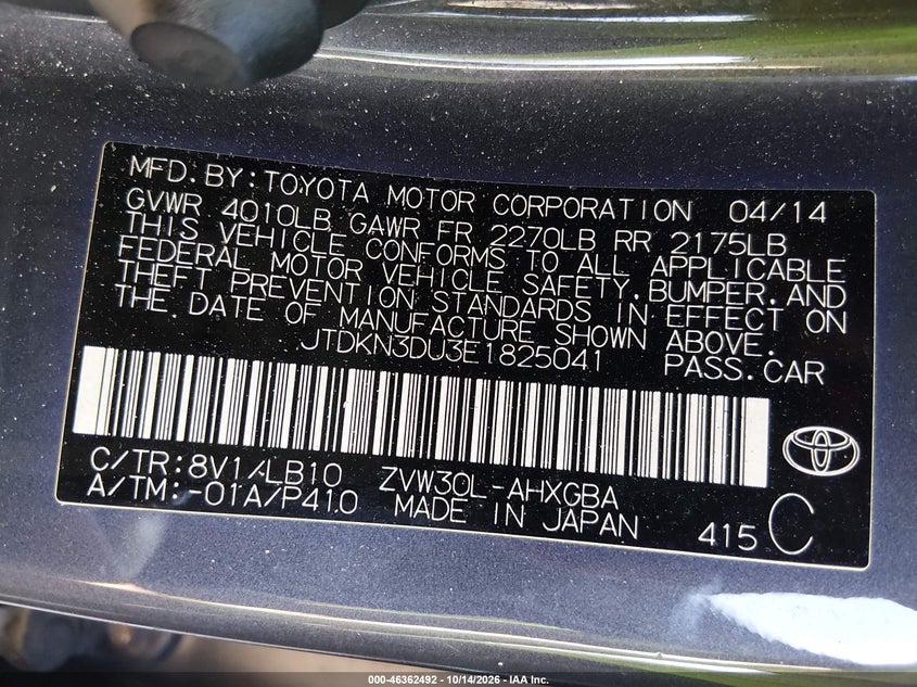 TOYOTA PRIUS 2014 VIN JTDKN3DU3E1825041