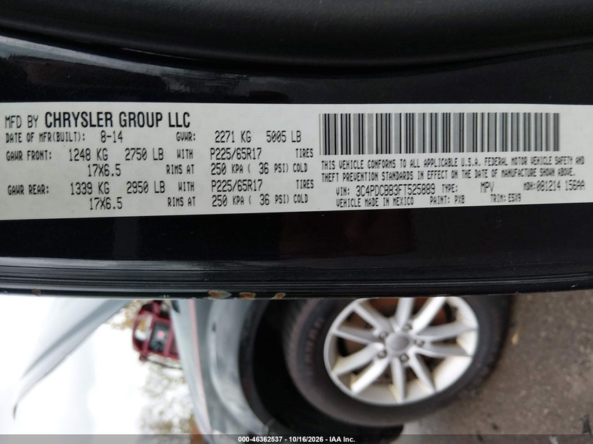 DODGE JOURNEY 2015 VIN 3C4PDCBB3FT525889