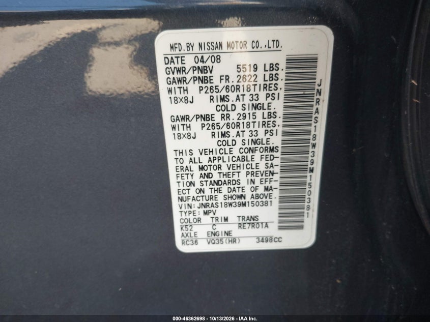 INFINITI FX35 2009 VIN JNRAS18W39M150381