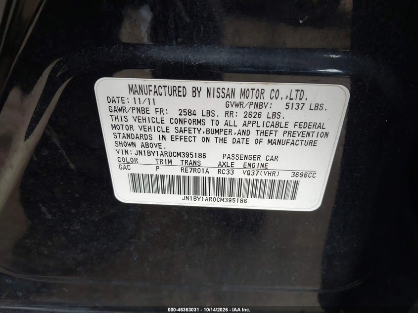 INFINITI M37X 2012 VIN JN1BY1AR0CM395186