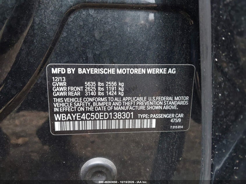 BMW 740LI 2014 VIN WBAYE4C50ED138301