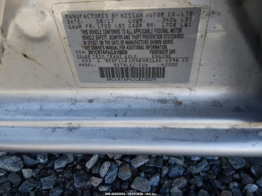 NISSAN VERSA 2018 VIN 3N1CN7AP4JL810029