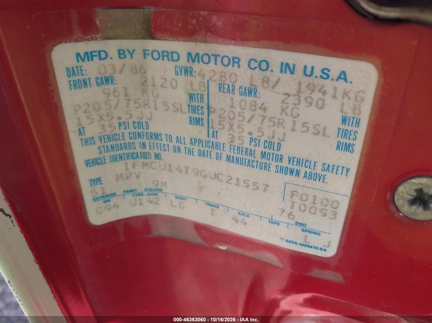 FORD BRONCO II 1986 VIN 1FMCU14T9GUC21557