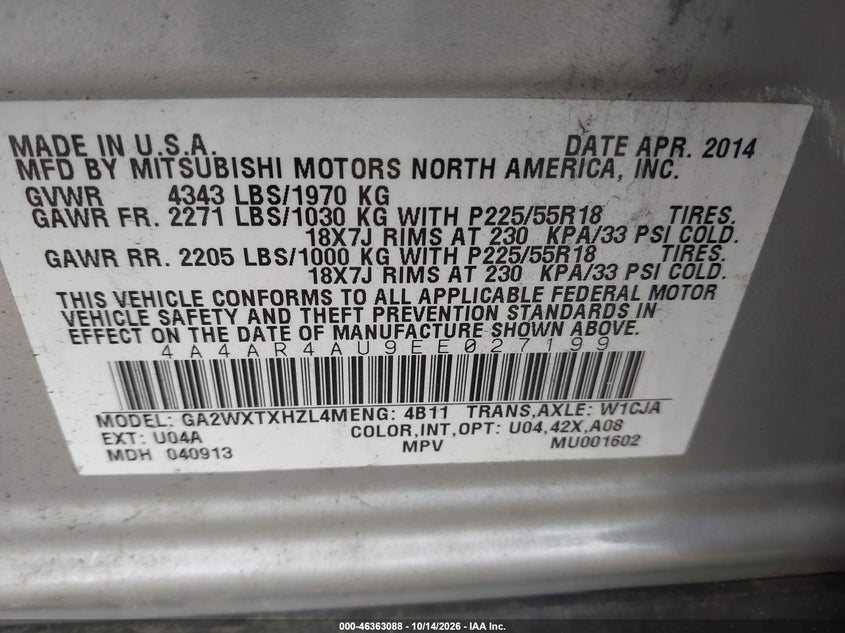 MITSUBISHI OUTLANDER SPORT 2014 VIN 4A4AR4AU9EE027199